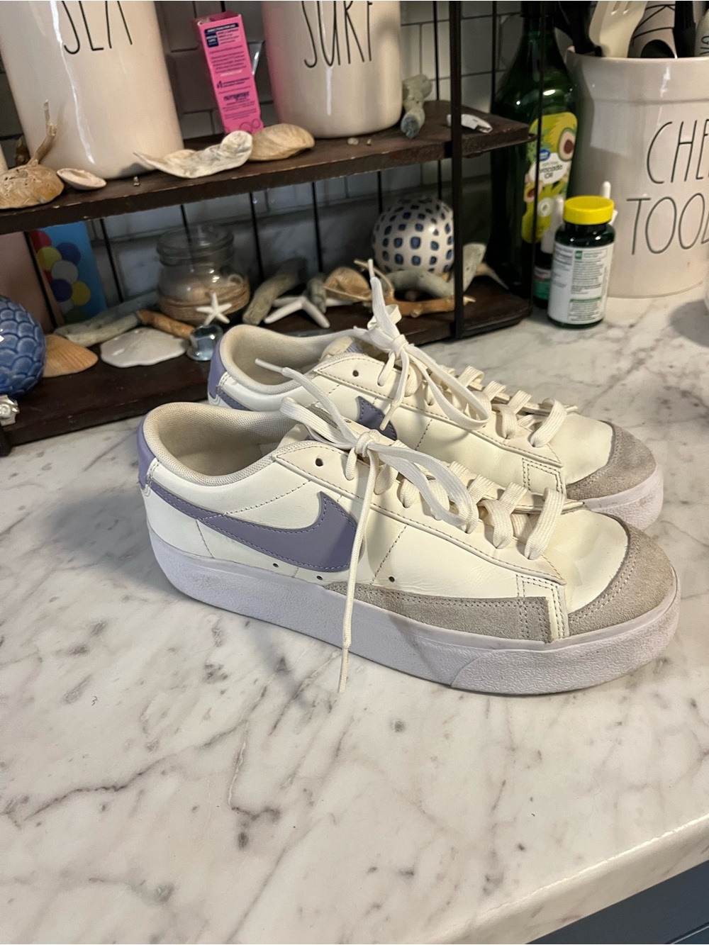 Nike Women’s white and Lavender blazer Low-Top Sneakers with Gray Suede size 10
